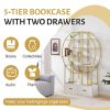 70.8 Inch Round Office Bookcase Bookshelf, Display Shelf, Two Drawers, Gold Frame - as Pic