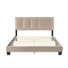 1pc Queen Platform Bed Light Brown Velvet Upholstered Adjustable Height Headboard Button Tufted Solid Wood Bedroom Furniture - as Pic