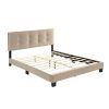 1pc Queen Platform Bed Light Brown Velvet Upholstered Adjustable Height Headboard Button Tufted Solid Wood Bedroom Furniture - as Pic