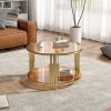 Modern Brown Glass Coffee Table, Asymmetrical Metal, Circular Metal Drum Base, Gold Finish & Lower Shelf - as Pic