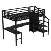 Full Size Loft Bed with L-shaped Desk and USB, Metal Loft Bed with Wardrobe and Adjustable Shelf, High Loft Bed with LED