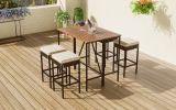 GO 5-Piece Outdoor Acacia Wood Bar Height Table And Four Stools With Cushions, Garden PE Rattan Wicker Dining Table Brown - as Pic