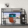Full Size Loft Bed with L-shaped Desk and USB, Metal Loft Bed with Wardrobe and Adjustable Shelf, High Loft Bed with LED