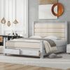 Queen Size Wood Frame Platform Bed with Upholstered Headboard, Footboard and 2 Drawers, Antique White - as Pic