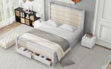 Queen Size Wood Frame Platform Bed with Upholstered Headboard, Footboard and 2 Drawers, Antique White - as Pic