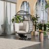 Outdoor Swivel Chair with Cushions, Rattan Egg Patio Chair with Rocking Function for Balcony, Poolside and Garden - Beige+Grey - Wicker