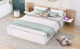Queen Size Platform Bed with Headboard, Drawers, Shelves, USB Ports and Sockets, White - as Pic