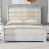 Queen Size Wood Frame Platform Bed with Upholstered Headboard, Footboard and 2 Drawers, Antique White - as Pic