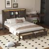 Wood Queen Size LED Platform Bed with Barn Door Design Headboard, USB and 2 Drawers, Antique Brown - as Pic