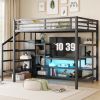 Full Size Metal Loft Bed with TV Stand, Metal Loft Bed with Staircase and Wardrobe, Kids Full Size Loft Bed, Black