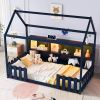 Twin Size House Bed with LED Light, Wood House Bed with Storage Bookshelf, Floor House Bed with Guardrails, Navy Blue