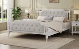 Traditional Style Solid Wood Bed Frame with Upholstered Tufted Headboard,No Box Spring Needed,King Size, Antique White - as Pic