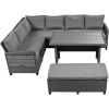 5-Piece Outdoor Patio Rattan Sofa Set; Sectional PE Wicker L-Shaped Garden Furniture Set with 2 Extendable Side Tables; Brown - Gray