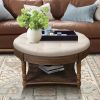 Large Round WaterProof Ottoman Coffee Table 2 Tier Oversized Button Tufted Ottoman with Wooden Shelf  (Warm White)