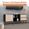 TV Stand up to 70+ inch, Mid Century Modern Entertainment Center with 2 Drawers, Television Stands with Storage Cabinet- Light Oak