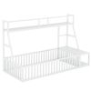 Twin Size Floor Bed Frame with Safety Fence, Metal Floor Bed with Desk and Storage Shelves, Playhouse for Kids, White - as Pic