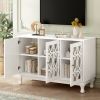 Modern Mirrored TV Stand for TV up to 55 Inches,Entertainment Center Solid Wood Legs,Metal Handle and 3 Adjustable Shelves For Living room - White