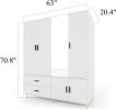 Wood Armoire Wardrobe Closet Bedroom Armoire Organization with 4 Doors, 2 Hanging Rods, 2 Drawers, 63" W x 20.4" D x 70.8 "H White