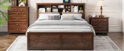 King Size Wood Platform Bed with Multi-storage Headboard, USB and Drawers, Antique Wood Color - as Pic