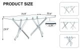 Large Modern Minimalist Rectangular Glass Dining Table for 6-8 with 0.39" Tempered Glass Tabletop and Silver Chrome Metal Legs, 71' x39''x 30''1538