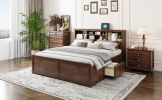 King Size Wood Platform Bed with Multi-storage Headboard, USB and Drawers, Antique Wood Color - as Pic