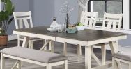 Dining Room Furniture 6pc Dining Set Table w Leaf And 4x Side Chairs 1x Bench Gray Fabric Cushion Seat White Clean Lines Wooden Table Top - as Pic