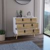 Toka Three Drawers Dresser with Handles and Wooden Legs - Macadamia / White - Manufactured Wood
