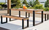 GO 3-pieces Outdoor Dining Table With 2 Benches, Patio Dining Set With Unique Top Texture, Acacia Wood Top & Steel Frame