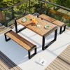 GO 3-pieces Outdoor Dining Table With 2 Benches, Patio Dining Set With Unique Top Texture, Acacia Wood Top & Steel Frame