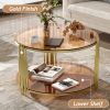 Modern Brown Glass Coffee Table, Asymmetrical Metal, Circular Metal Drum Base, Gold Finish & Lower Shelf - as Pic