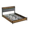 Full Size Bed Frame, Storage Headboard with Charging Station and 4 Storage Drawers,LED Lights , Brown and Gray - Full