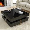 ON-TREND Modern High Gloss Coffee Table with 4 Drawers, Multi-Storage Square Cocktail Tea Table with Wood Grain Legs, 31.5''x31.5'', Black - as Pic