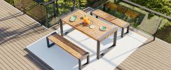 GO 3-pieces Outdoor Dining Table With 2 Benches, Patio Dining Set With Unique Top Texture, Acacia Wood Top & Steel Frame