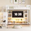 Full Size Metal Loft Bed with TV Cabinet, Metal Loft Bed with Staircase and Wardrobe, Kids Full Size Loft Bed, White