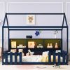 Twin Size House Bed with LED Light, Wood House Bed with Storage Bookshelf, Floor House Bed with Guardrails, Navy Blue