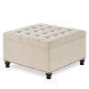 Large square storage ottoman with wooden legs, Upholstered button tufted coffee table with nail trims for Living Space,Beige - as Pic