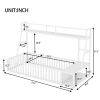 Twin Size Floor Bed Frame with Safety Fence, Metal Floor Bed with Desk and Storage Shelves, Playhouse for Kids, White - as Pic
