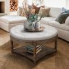 Large Round WaterProof Ottoman Coffee Table 2 Tier Oversized Button Tufted Ottoman with Wooden Shelf (Light Gray) - as Pic