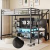Full Size Metal Loft Bed with TV Stand, Metal Loft Bed with Staircase and Wardrobe, Kids Full Size Loft Bed, Black