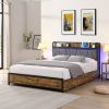 Queen Size Bed Frame, Storage Headboard with Charging Station and 4 Storage Drawers,LED Lights , Brown and and Gray - as Pic