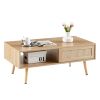 41.34" Rattan Coffee table, sliding door for storage, solid wood legs, Modern table for living room , natural - as Pic