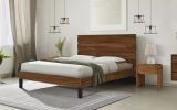 Mid-Century Modern Solid Wood Bed Frame Queen Size Platform Bed with Six-Piece Headboard Design, No Box Spring Needed, Brown - as Pic