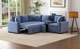 120.5" L-shaped Convertible Sofa Bed Modular Sectional Sofa Reversible Sleeper with Pull-Out Bed, and Cup Holders, Blue - as Pic
