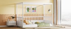Twin Size Canopy Bed Frame with Guardrails for Kids,Floor Bed Twin with Four Poster Design,Kids Montessori Floor Bed,Wood Canopy (Twin,White)