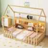 Twin Size House Bed with LED Light, Wood House Bed with Storage Bookshelf, Floor House Bed with Guardrails