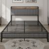 Queen Size Bed Frame with Charging Station, Upholstered Headboard, Metal Platform, Grey - as Pic