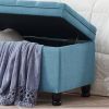 Upholstered tufted button storage bench ,Linen fabric entry bench with spindle wooden legs, Bed bench- Light Blue - as Pic