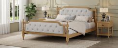 Traditional Style Solid Wood Bed Frame with Upholstered Tufted Headboard,No Box Spring Needed,King Size, Walnut - as Pic