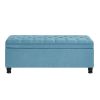 Upholstered tufted button storage bench ,Linen fabric entry bench with spindle wooden legs, Bed bench- Light Blue - as Pic
