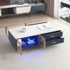 Modern Navy Blue Coffee Table with 2 Glass Door Storage, 4 Drawers, Gold Metal Legs, and Multi-Color Lighting in 47.2'' - as Pic